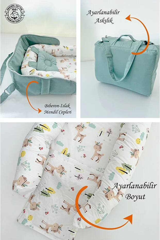 Çantalı Babynest Taşınabilir Anne Yanı Yeşil Renk Ceylan Tasarımlı Babynest